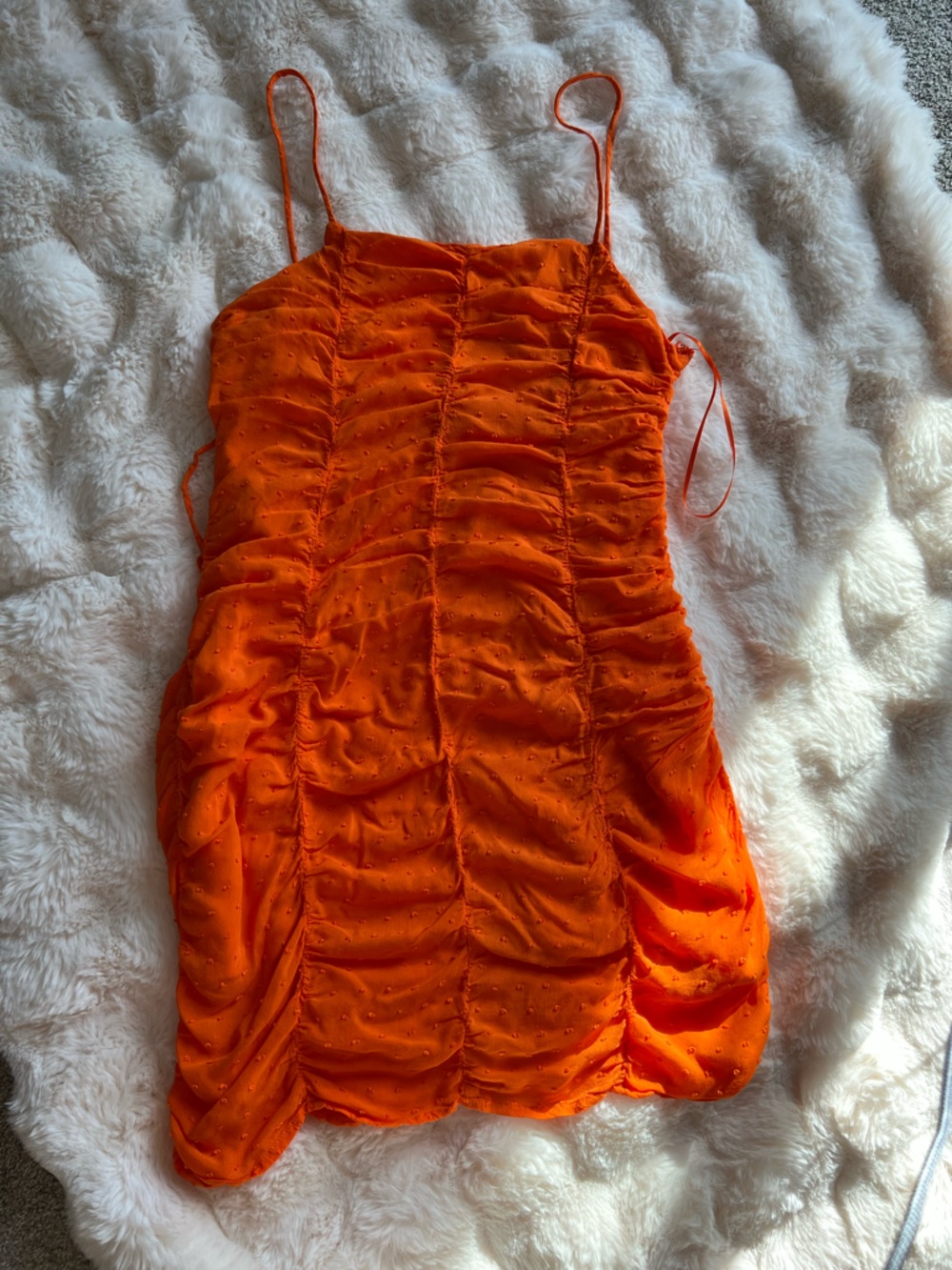 Hello Molly Vibrant Orange Ruched Dress with Dot Texture